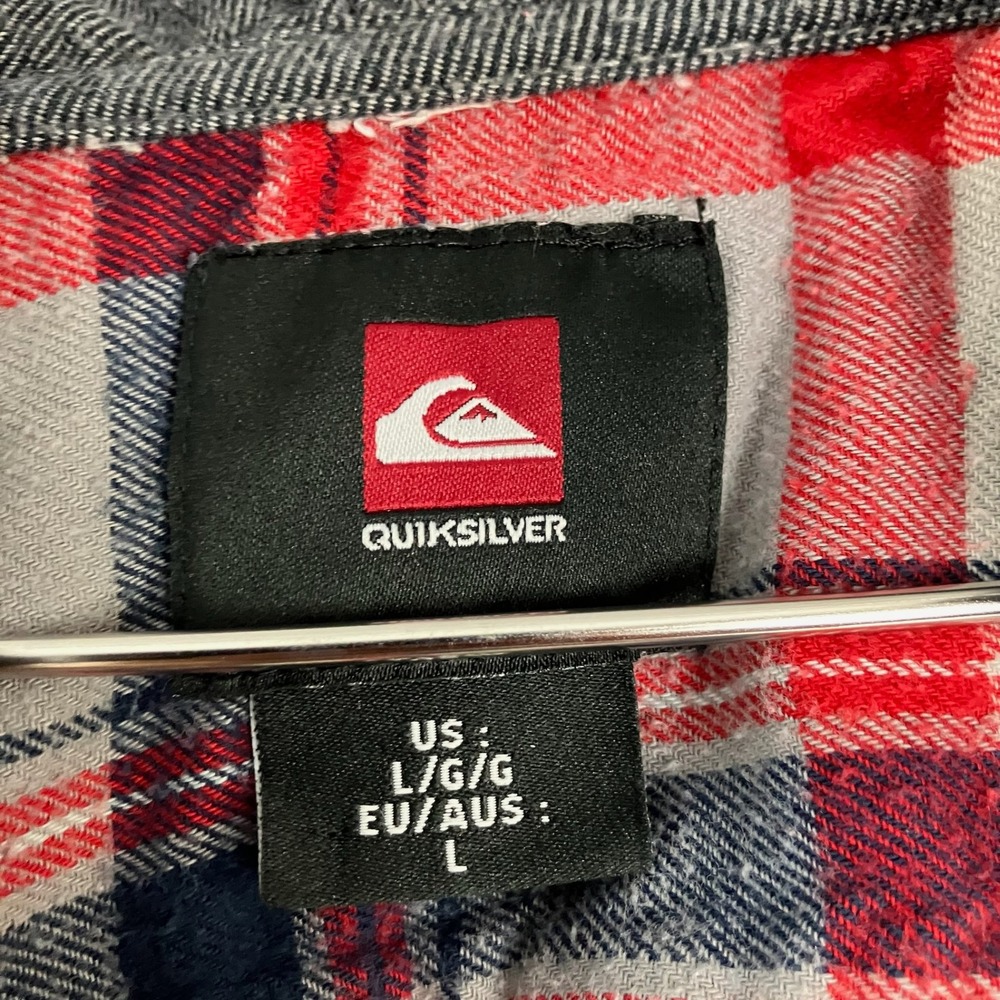 Quiksilver Mens Flannel Shirt Hooded Large L Red Blue Plaid Casual - Picture 2 of 6